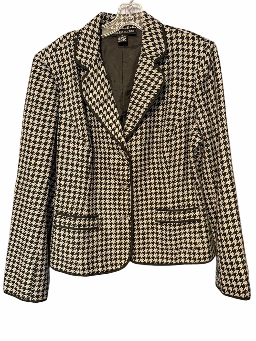 Monterey Bay Houndstooth Blazer Black Gray Piped Trim Tailored Sz 16 - Picture 2 of 9
